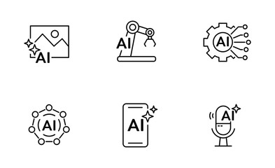 Set of Artificial intelligence icon, AI Automation, AI Photo, AI Voice, Symbol Outline icon, Editable Stroke