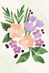 Bright bold flowers wall art poster illustration. Floral bouquet, floral composition.
