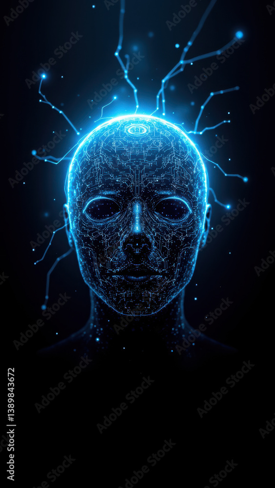 Poster a graphical representation of a human head with glowing blue lines emanating from it, symbolizing in