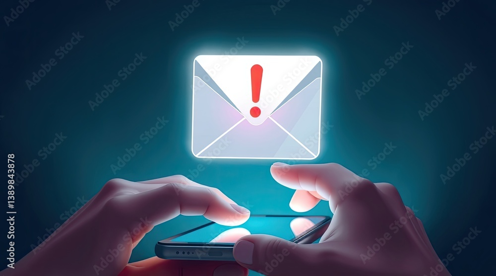 Poster smartphone user receiving a concerning email notification with exclamation mark