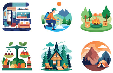 Naklejka premium Camping Bundle. Scenic Night Sky Adventure Collection Stickers