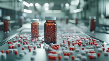 Obraz premium Pharmaceutical Production: Pills and Bottles on Conveyor Belt