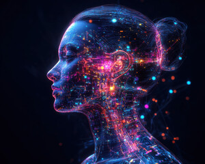 Illustration background of futuristic digital portrait of woman with glowing holographic circuits on dark background