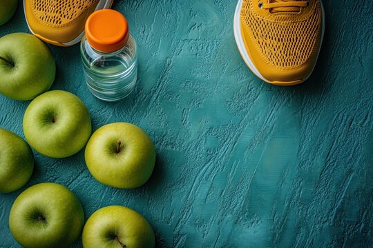 Fitness Essentials for Healthy Lifestyle with Sneakers Water Bottle and Green Apples on Blue Background - Powered by Adobe