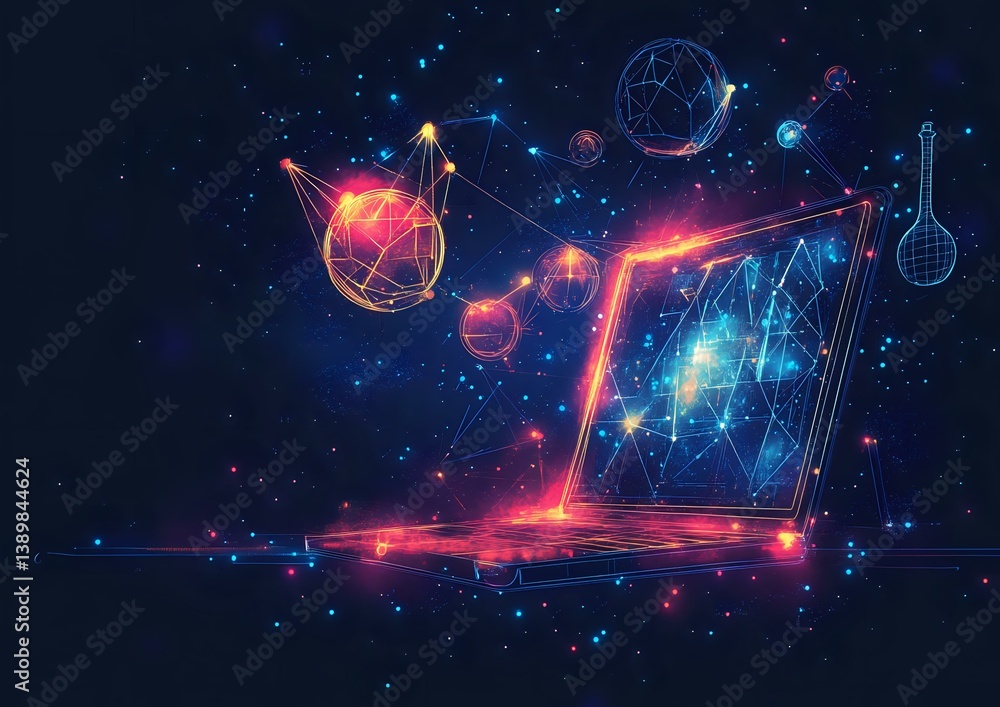 Aufkleber glowing laptop in cosmic space with network spheres and digital connections floating in starry unive