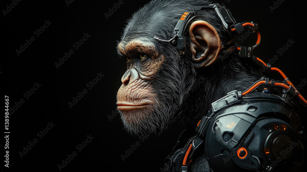 Poster futuristic digital photo of primate evolution into cybernetic organisms,showcasing transition from n