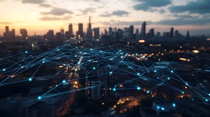 Global Network Connection Over Night City Skyline Digital Technology Abstract Background