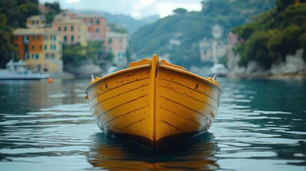 Golden rowboat calm water peaceful escape