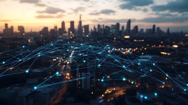 Global Network Connection Over Night City Skyline Digital Technology Abstract Background