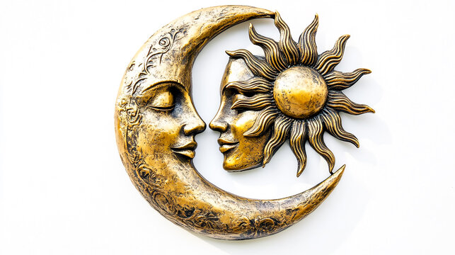 A golden metal moon and sun with faces on a white background