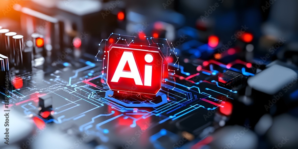 Poster glowing ai symbol on electronic circuit board with blue and red neon lights, representing artificial
