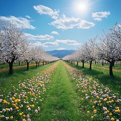 Blooming orchard of trees beneath a bright sunlit sky and clouds