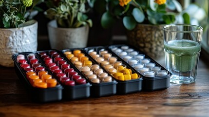 Colorful capsules organized in a tray, alongside a glass of green smoothie and potted plants