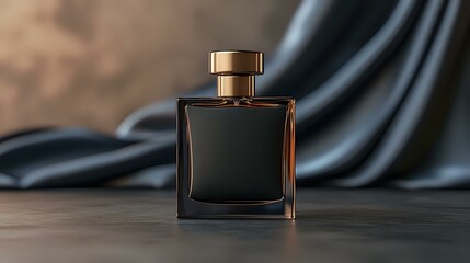 Elegant dark glass perfume bottle with copper metallic cap against black silk fabric background, luxury cosmetic product photography for advertising.