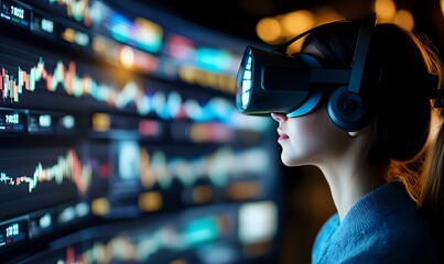 Young Asian woman wearing VR headset viewing financial data and stock market charts in virtual reality environment against blurred trading screens background.