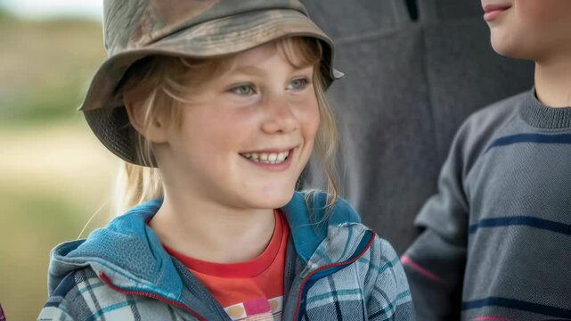 Smiling caucasian child with a hat looking at camera. Kids wearing rural outdoor clothes motion picture. Countryside summer camp vacation stock footage.