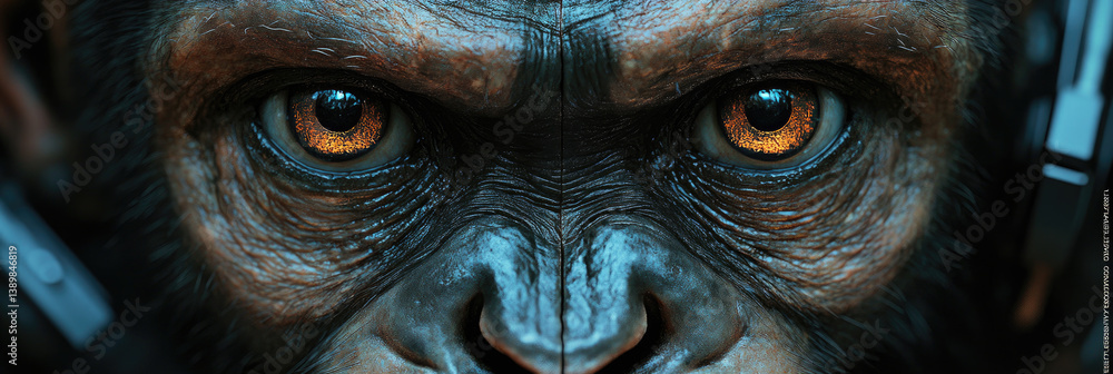 Poster futuristic digital photo of primate evolution into cybernetic organisms,showcasing transition from n