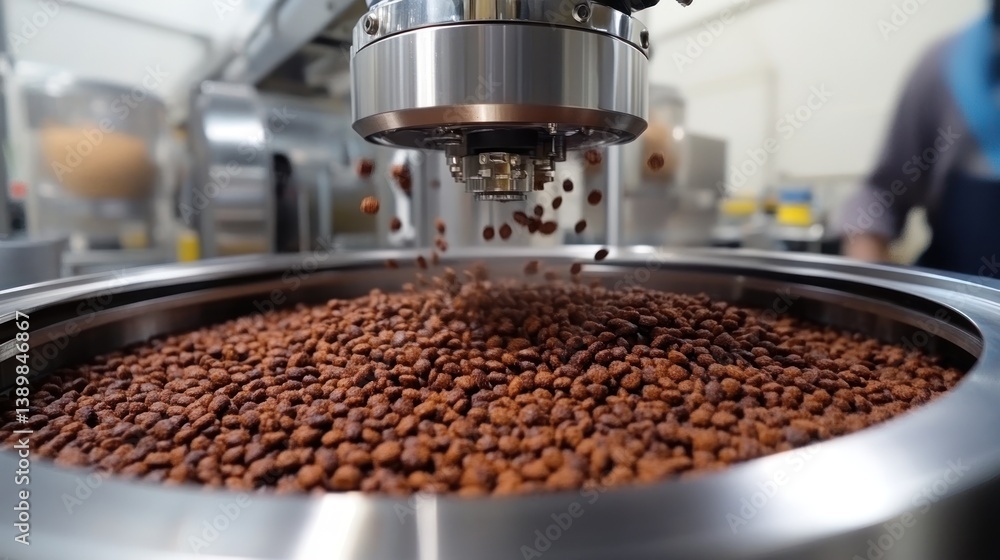 Poster automated food production: close-up of kibble being dispensed into a large industrial metal containe
