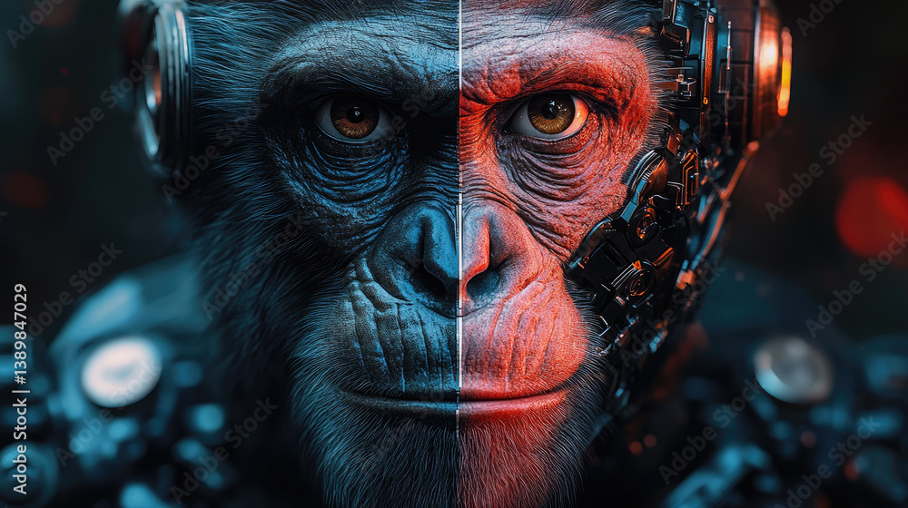 Poster futuristic digital photo of primate evolution into cybernetic organisms,showcasing transition from n
