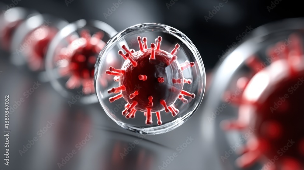 Poster microscopic view of red virus particles encased in transparent spheres, arranged in a row against a 