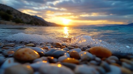 Obraz premium Sunset beach scene with waves and pebbles