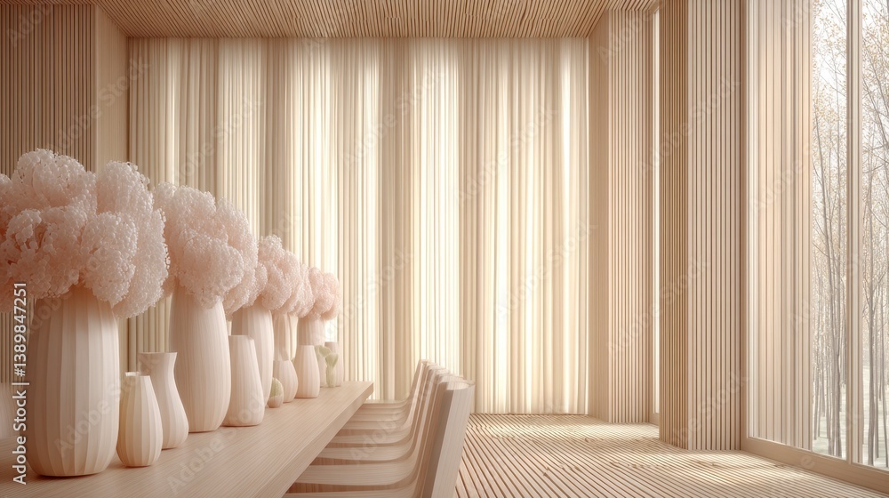 Poster soft light illuminates a minimalist room with off white vases and sheer curtains. the floor features