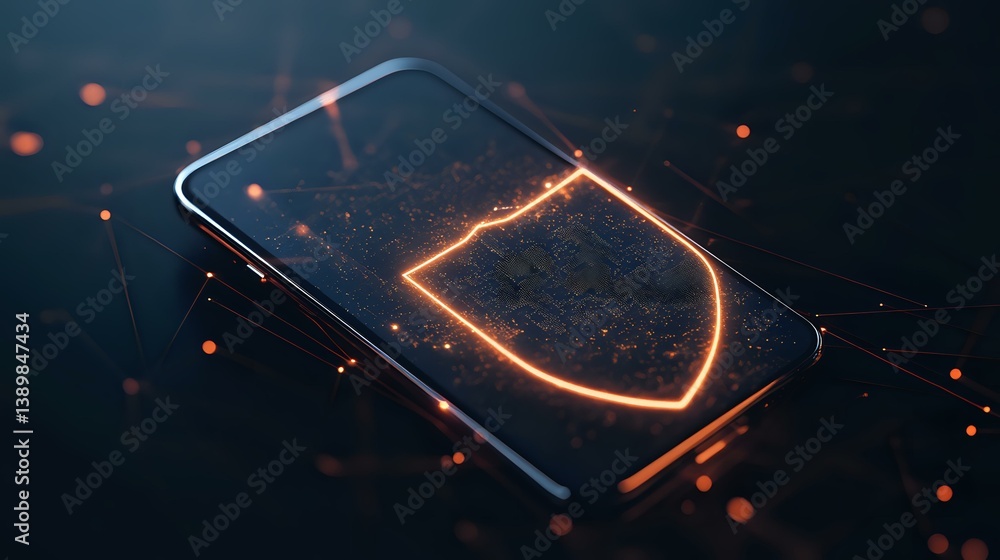 Poster glowing shield protection icon on smartphone screen with orange particles and dark atmosphere, repre