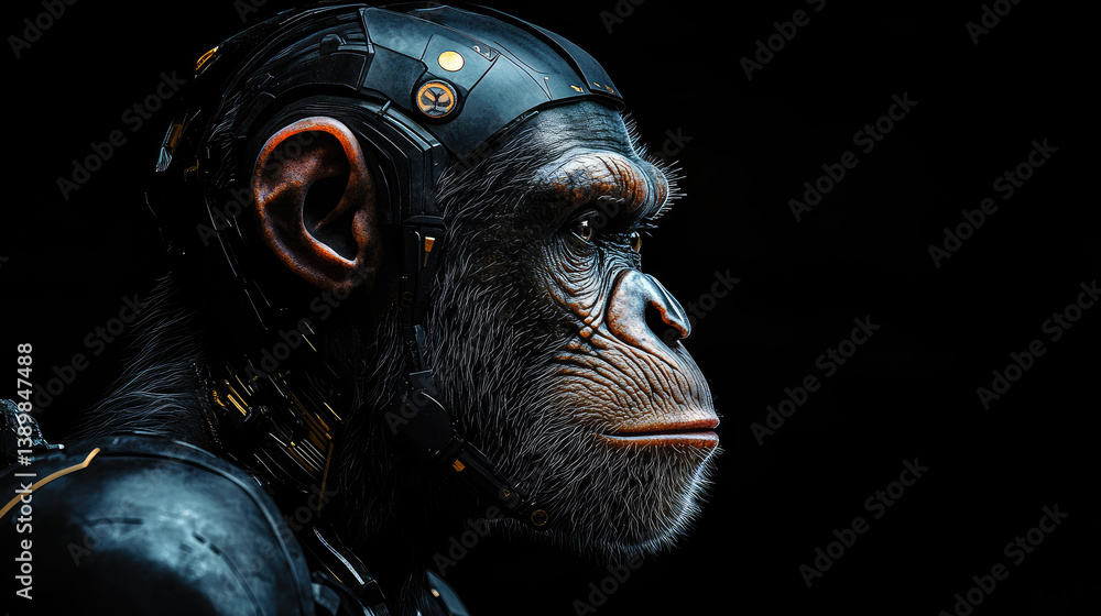 Poster futuristic digital photo of primate evolution into cybernetic organisms,showcasing transition from n