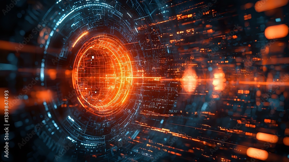 Poster futuristic digital tunnel with glowing orange energy core and holographic data streams, surrounded b