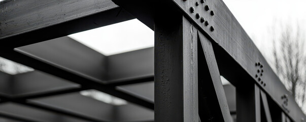 Monochrome photo of steel trusses forming tunnel structure