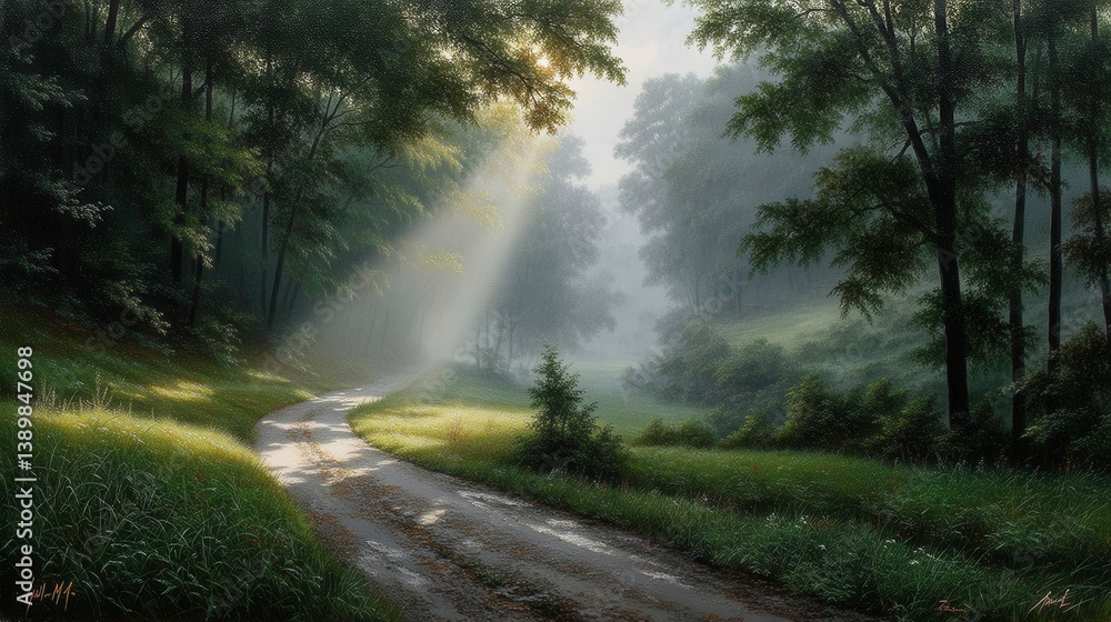 Poster sunlit path through a misty forest, showcasing a tranquil and serene atmosphere. lush greenery and s