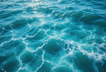 Fototapeta premium A breathtaking aerial view of the vast ocean, showcasing vibrant blue waters shimmering under the sunlight, with gentle waves lapping against the shore and scattered white clouds above.