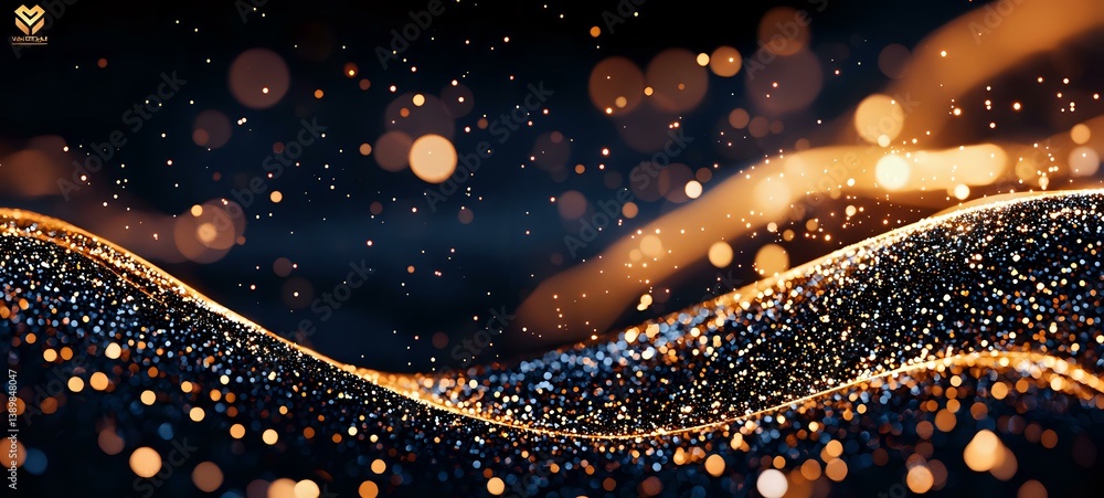 Poster glowing golden waves with sparkling particles and bokeh lights on dark background create magical fes