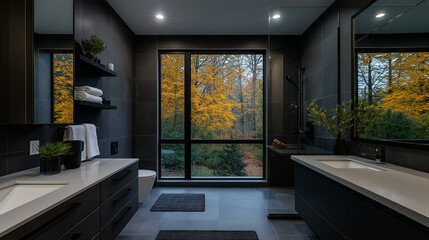 Tranquil Bathroom with Nature View: A luxurious and modern bathroom featuring a sleek design with a window offering a stunning view of colorful autumn trees, embodying peace and serenity.