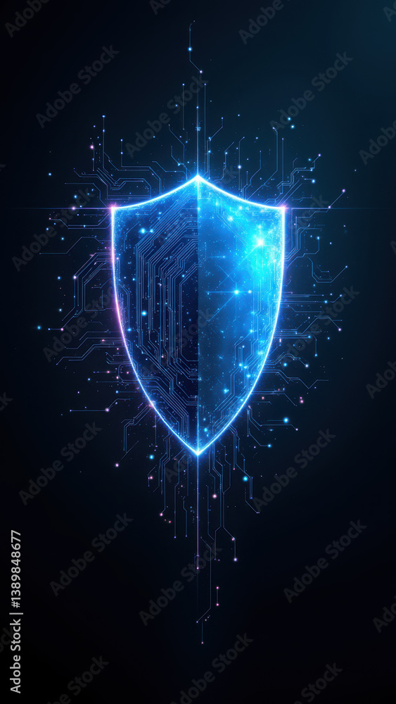 Poster cybersecurity shield with digital and futuristic design elements.