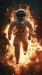 Fototapeta premium Astronaut in a spacesuit seemingly emerging from a fiery explosion
