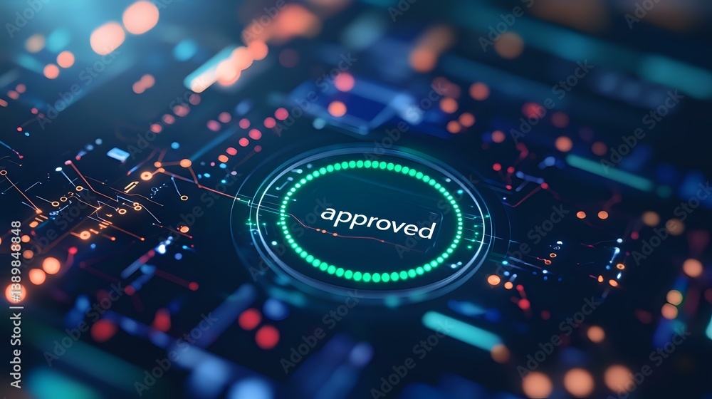 Poster futuristic digital interface showing approved status with glowing green circular progress bar on cir