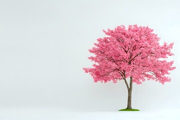 Fototapeta premium Vibrant pink cherry blossom tree in full bloom stands alone against white background, symbolizing spring renewal, hope and natural beauty. Suitable for wall art.