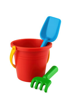 Colorful Sand Toys Set: Bucket, Shovel and Rake on Transparent Background