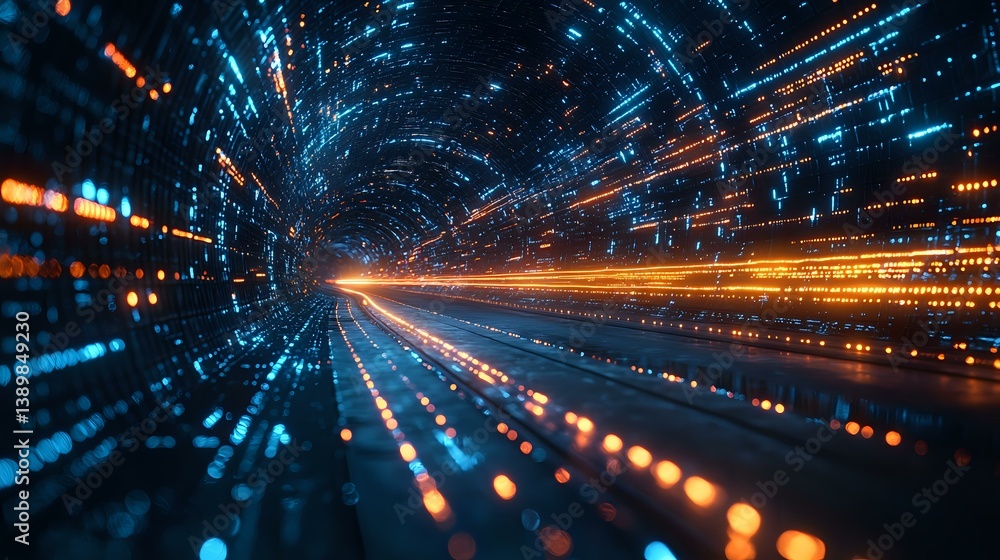 Poster abstract digital tunnel with glowing blue and orange light trails creating dynamic motion effect thr