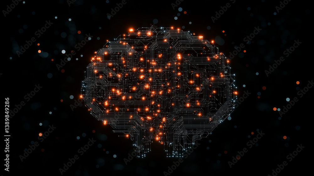 Poster cybernetic intelligence: a futuristic depiction of a circuit board in the shape of a human brain. il