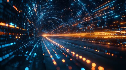 Abstract digital tunnel with glowing blue and orange light trails creating dynamic motion effect through cyberspace, representing data flow and connectivity.