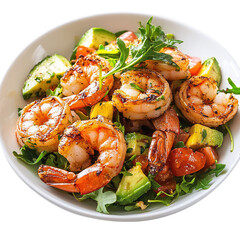 Grilled shrimp paired artistically with fresh avocado salad, isolated transparent background.