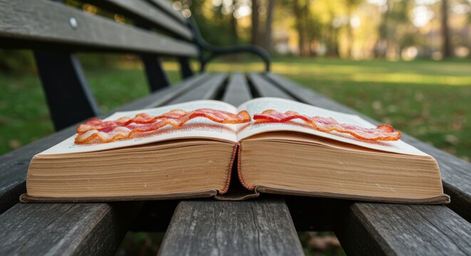 Open book resting on a park bench, surrounded by greenery and soft sunlight filtering through trees - becon bacon