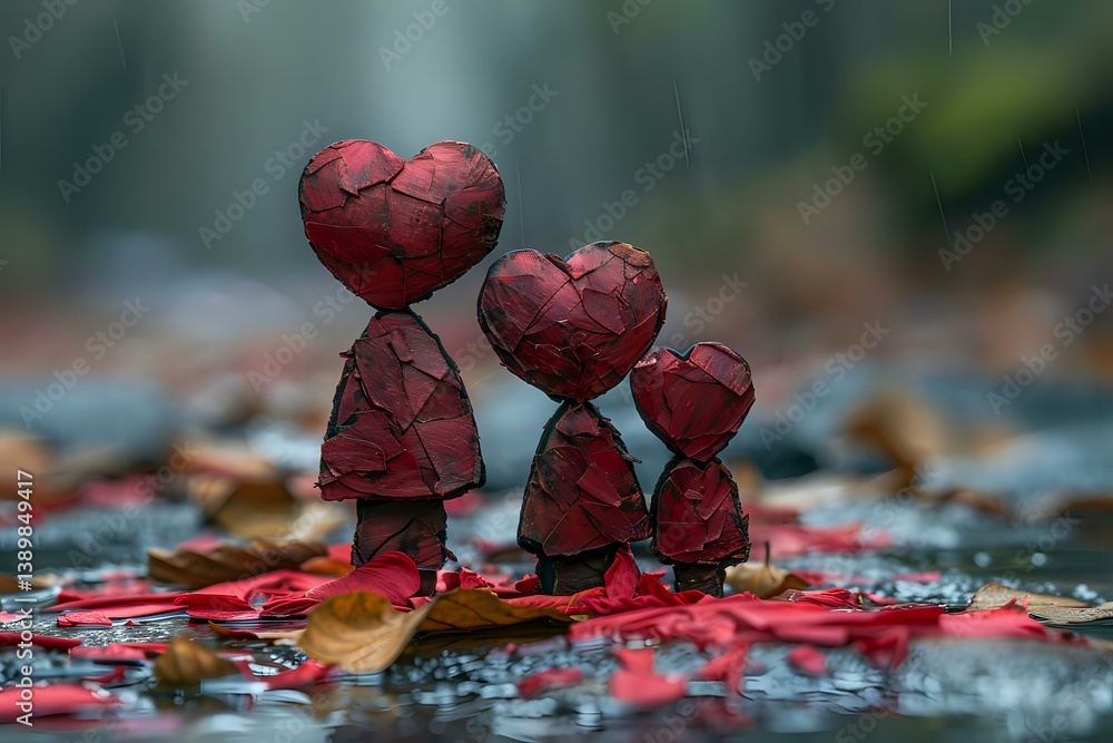 Poster red heart-shaped figures arranged in descending size on autumn leaves and wet surface, creating emot