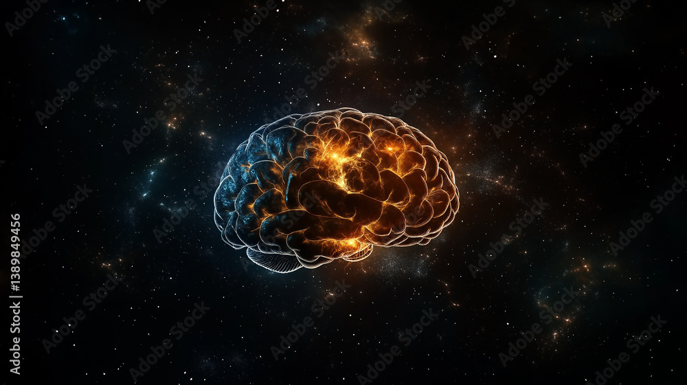 Poster cosmic brain: a luminous brain floats in the darkness of space, its neural pathways alight with bril