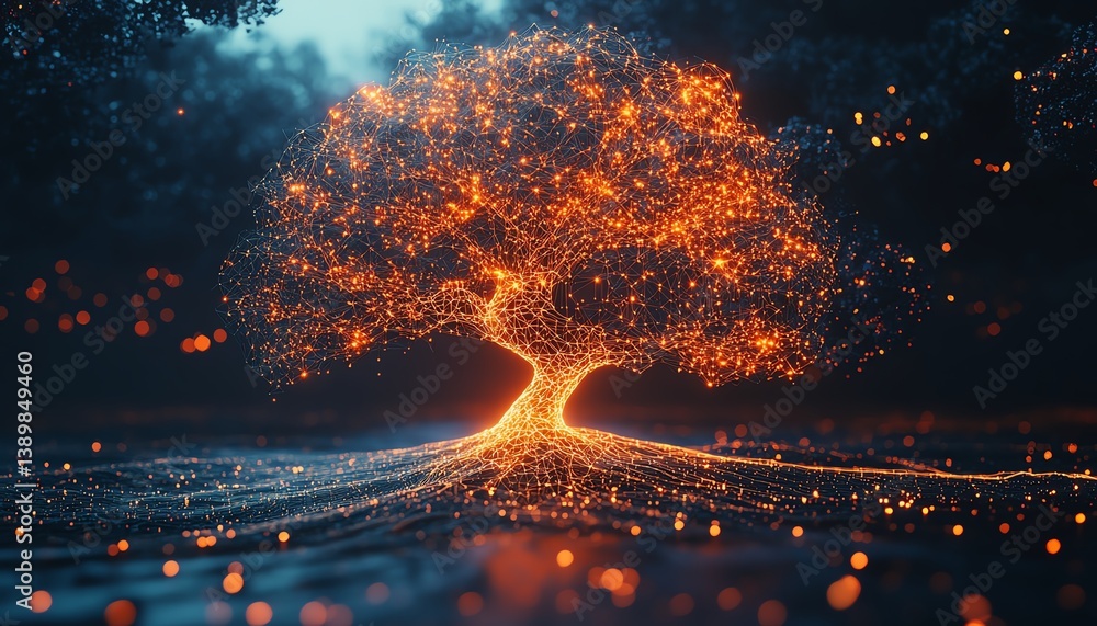 Poster treeshaped brain in wireframe design, glowing lines and neural networks, generative ai theme, nature