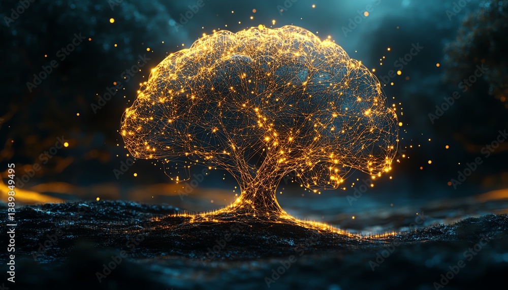 Poster treeshaped brain in wireframe design, glowing lines and neural networks, generative ai theme, nature
