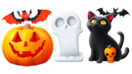 Halloween Illustration With Pumpkin Cat Bat And Ghost Isolated on Transparent Background
