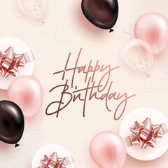 Vector happy birthday elegant square greeting card, invitation, banner or social media post with realistic 3d black, pink and white helium balloons and gift box. Vector illustration
